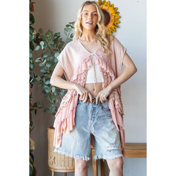 Oli & Hali Washed Lace Tiered Tie Front Detail Sleeveless Top NEW Size XL - Picture 4 of 7